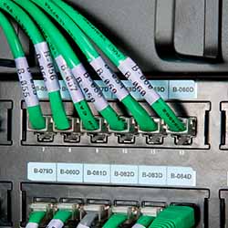 Several wires for transmitting data are neatly labeled.