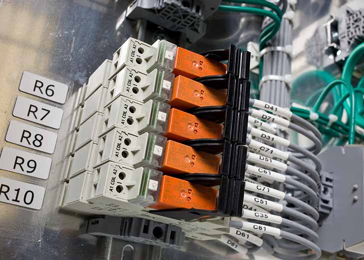 Heat shrink labels on a terminal block located inside of an electrical panel.