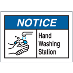 A blue and white hand washing station safety symbol that is commonly seen in laboratories.