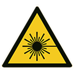 A yellow laser beam hazard safety symbol.