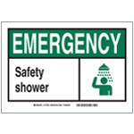 An emergency shower sign that indicates a place to rinse off chemicals in a laboratory.