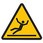 A yellow slip hazard safety symbol with a stick-man falling.