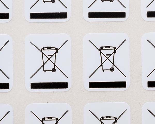 Labels displaying compliance with Waste Electrical and Electronic Equipment (WEEE) standards, indicating responsible handling and disposal of electronic waste.