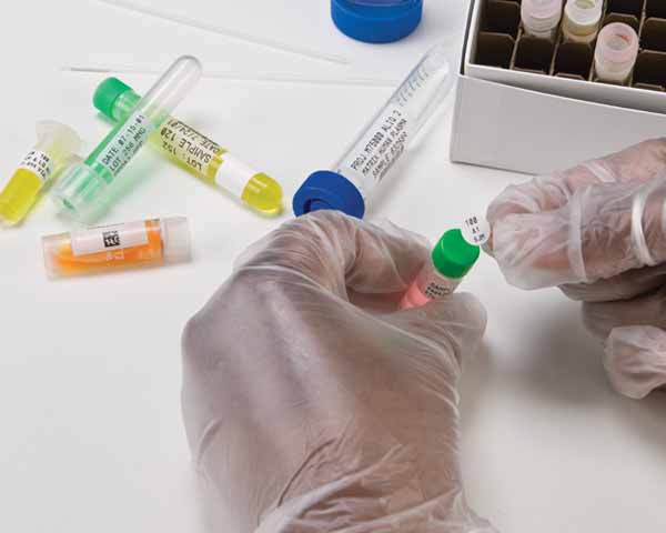 Numerous enclosed vials containing various samples, with a scientist applying a cap label to one of the vials for precise identification.