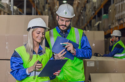 Two contractors engaged in a review of lockout tagout procedures within a warehouse setting.