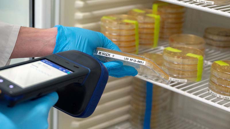 Scientist using a Brady RFID scanner to scan a petri dish in a laboratory setting.