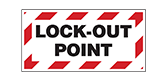 Close up image of a lockout tagout tag labeled lock-out point for proper lockout identification.